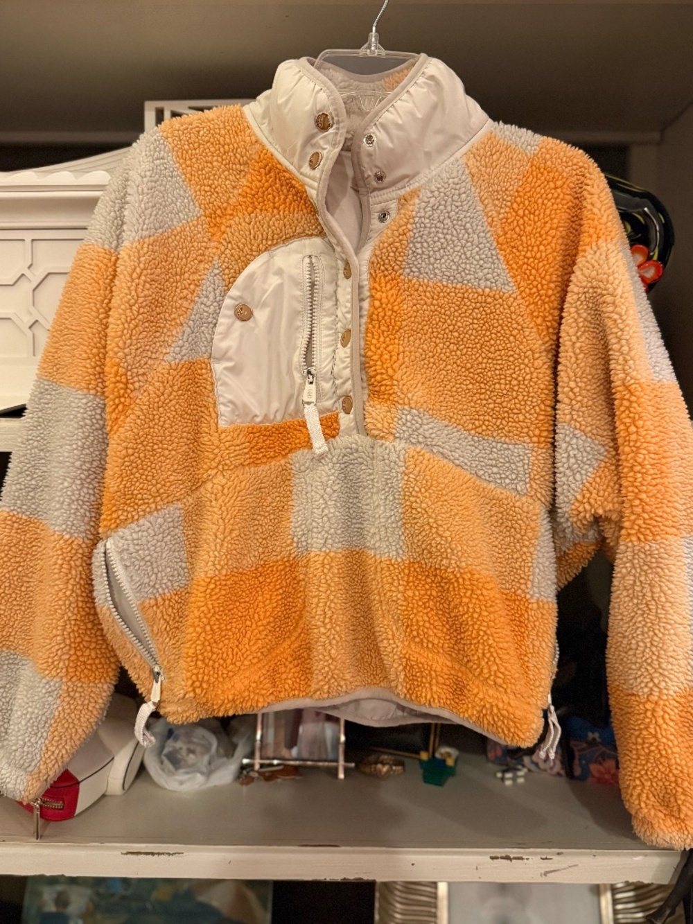 Free People FP movement Xs hit the slopes printed fleece pullover orange plaid - Picture 5 of 7